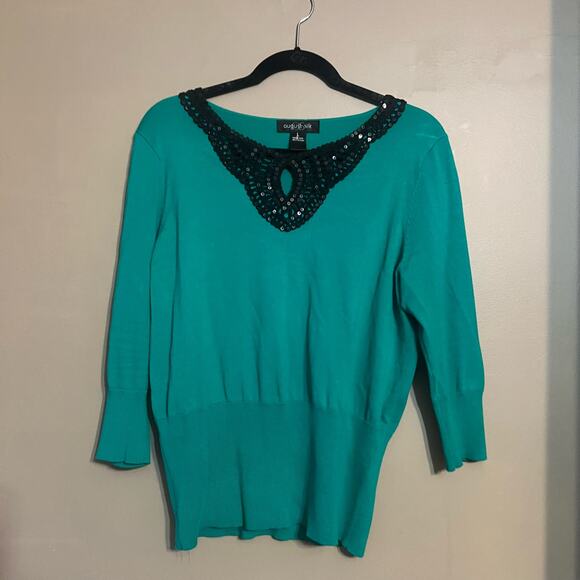 August Silk Women's Green Knit Sweater, Black Sequin Collar & 3/4 Sleeves, Large - Picture 11 of 12